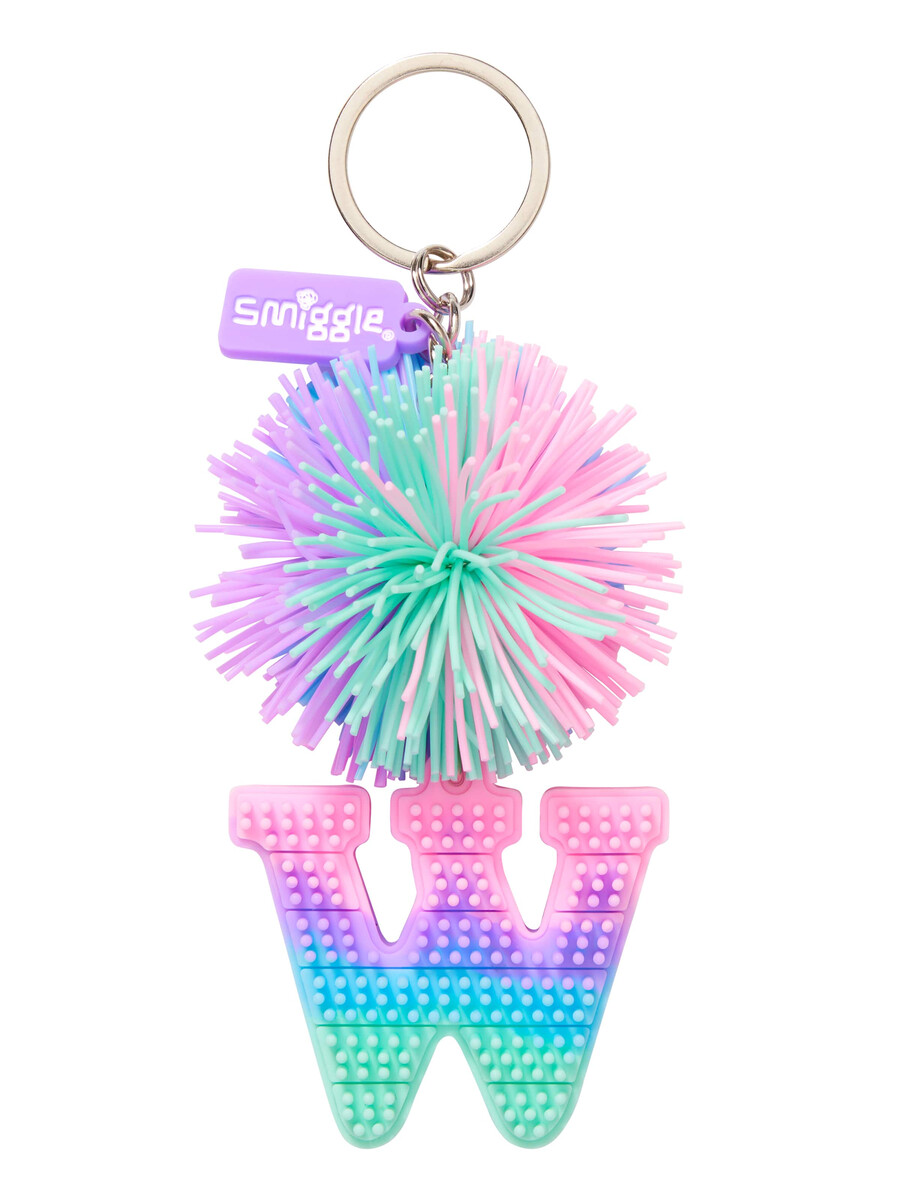 llavero con letras del alfabeto perfumado con pompones de colores pastel