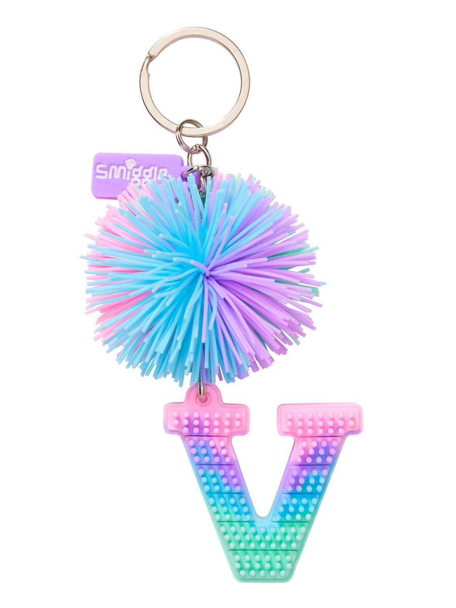 llavero con letras del alfabeto perfumado con pompones de colores pastel