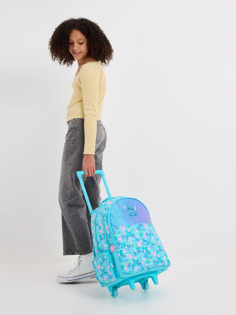 mochila con ruedas y luces de stitch